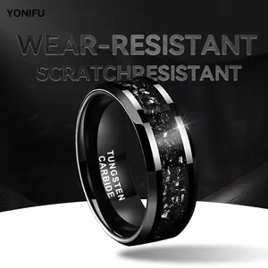 YONIFU Black Tungsten Carbide Ring for Men 8mm Crushed Carbon Inlay Comfort Fit Durable Scratch Resistant Modern Luxury Gift for Him Premium Style