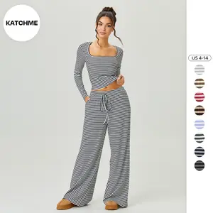 KatchMe Women's Versatile Square Neck Stripe Long Sleeve Crop Top & Low-Rise Wide Leg Trousers Co-ord, Cozy Two Piece Sets for Fall & Spring, Casual Womenswear