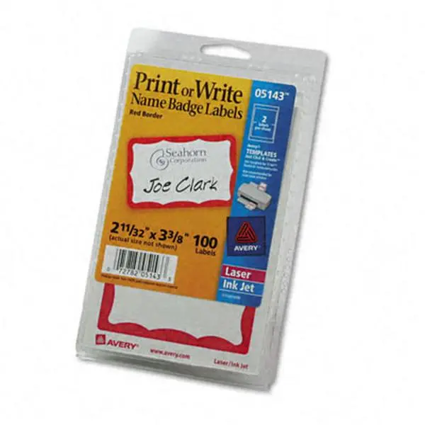 Avery 5143 Self-Adhesive Border-Style Name Badges, 2.25x3 in Red, 100 Labels Per Pack, Compatible with Inkjet-Laser Printers