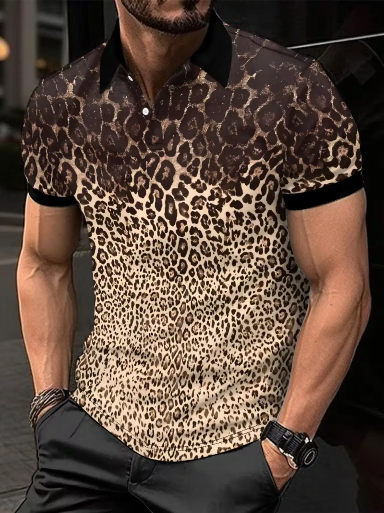 Men's Summer Fashion Classic Casual Short Sleeve Polo Shirt Top, Leopard Print, Fitted Regular Fit, Button Neck, All Season Comfort, Polyester