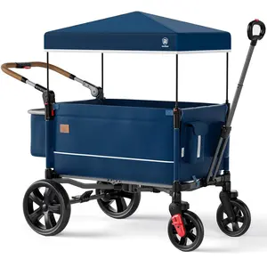 [Summervibes] Side-Unzip Wagon Stroller for 2 Kids, Push Pull Stroller with Adjustable Handle, Easy Access Zipper Door, 5-Point Harness Removable UV-Protection Canopy Shock-Absorbing Wheels