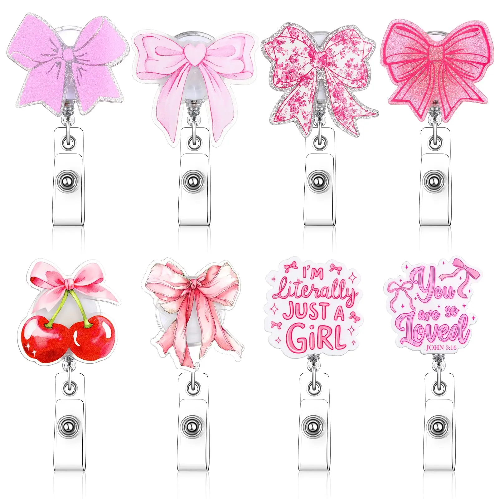Gejoy 8-Pack Cute Cartoon Pink Bow Retractable Badge Reels - Metal & Plastic Compact ID Display Holders with Alligator Clip, Teacher Appreciation Gifts for School Staff
