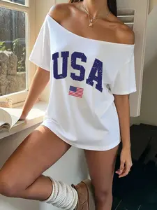 American Flag Letter Print Off Shoulder Tee Loose Casual Summer T-Shirt