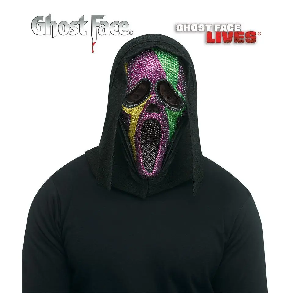 Ghost Face Scream Mask with Mardi Gras Bling - Purple, Green, Gold Rhinestones, Black Sparkle Shroud - Officially Licensed Fun World Mask