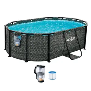 Funsicle 9'10" Oasis Designer Oval Above Ground Pool w/ Pump, Dark Herringbone