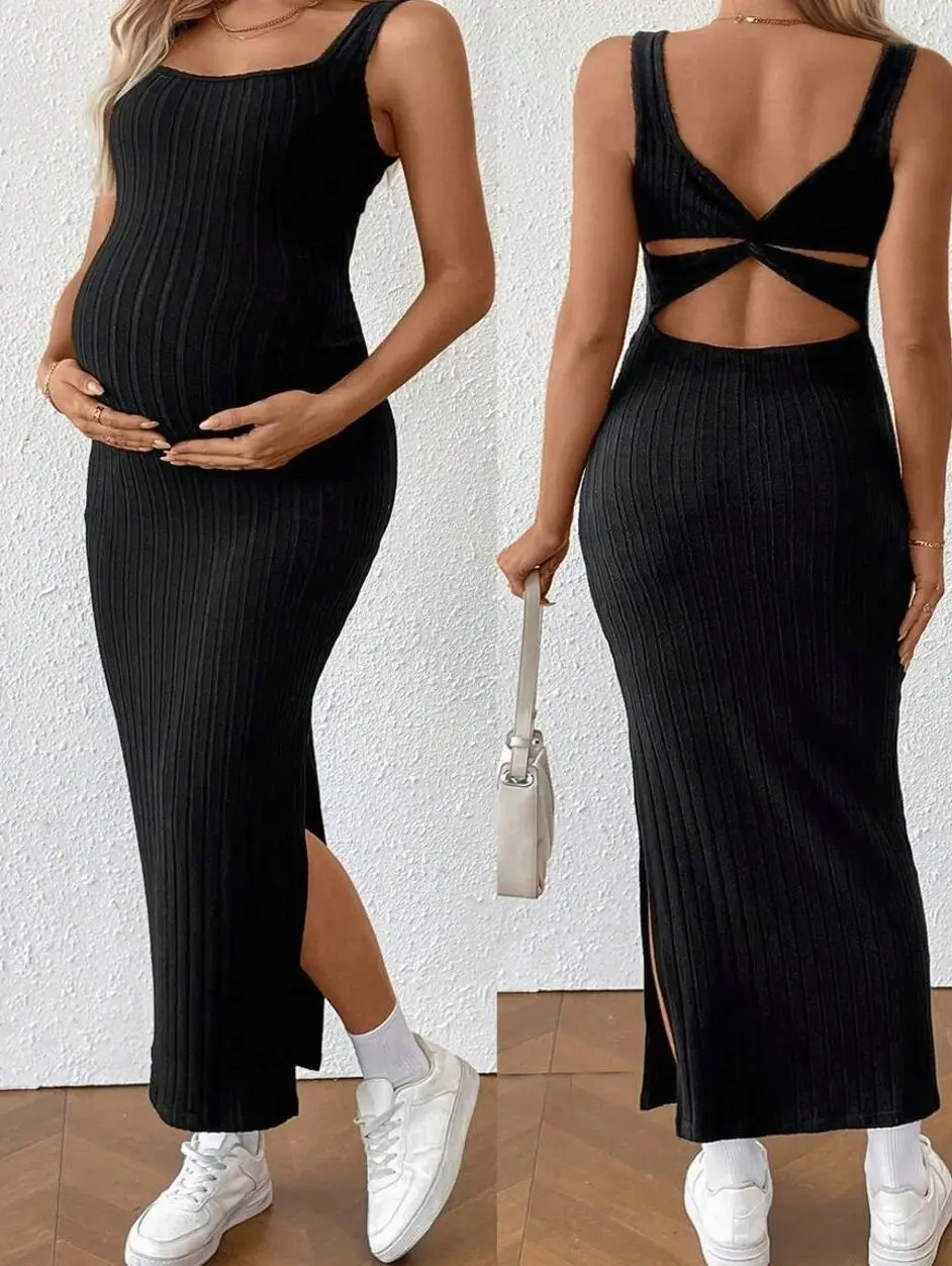 Maternity Sleeveless Beach Dress: Back Twist, Fitted, Solid Color for Summer Vacations