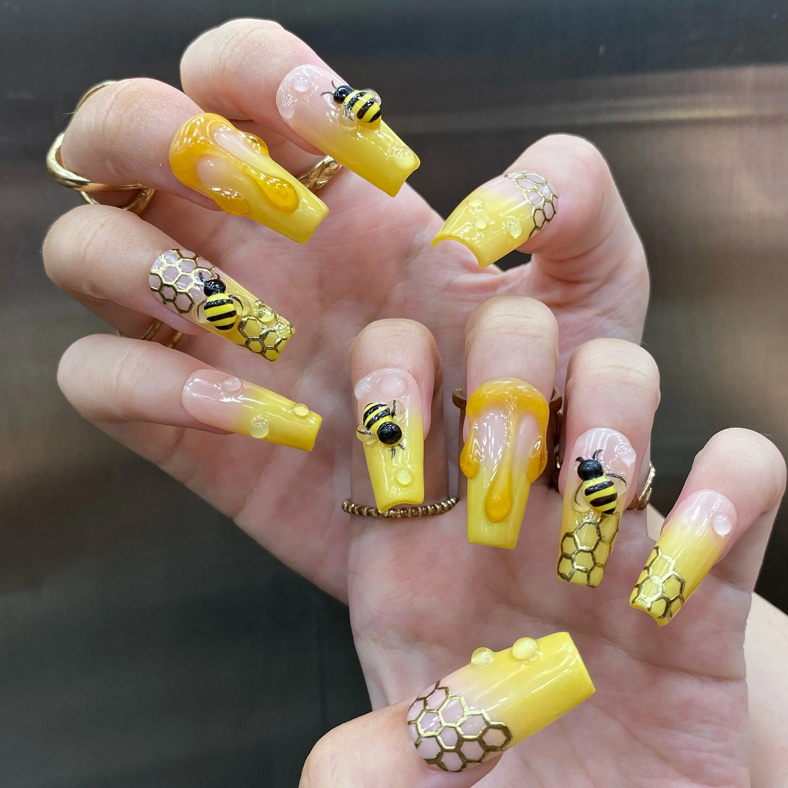 Honey Bee Press On Nails, 3D Dripping Honey, Bumble Bee and Honeycomb Design, Yellow Ombre French Tips, Handmade Reusable Square Press On Nails, Cute Summer Nature Nail Art