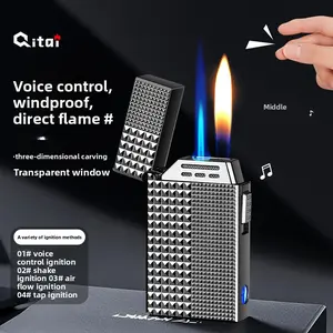 【No gas tank included】Intellegent Voice-Activated Metal Lighter (Fluid Not Included) 4 Ignition Modes, USB Rechargeable – Smart Windproof Lighter for BBQ, Candles, Outdoor Use, Men's Gif