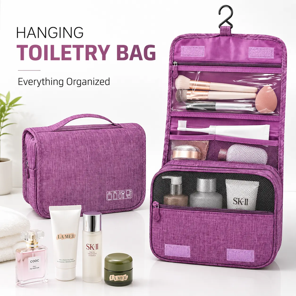 Hanging Toiletry Bag for Women and Men, Travel Makeup Bag with Hook, Waterproof Cosmetic Organizer with Multiple Compartments, Portable Bathroom Storage Bag for Shampoo, Skincare, Toothbrush, Beauty Accessories Travel Essentials for Vacation, College Dorm