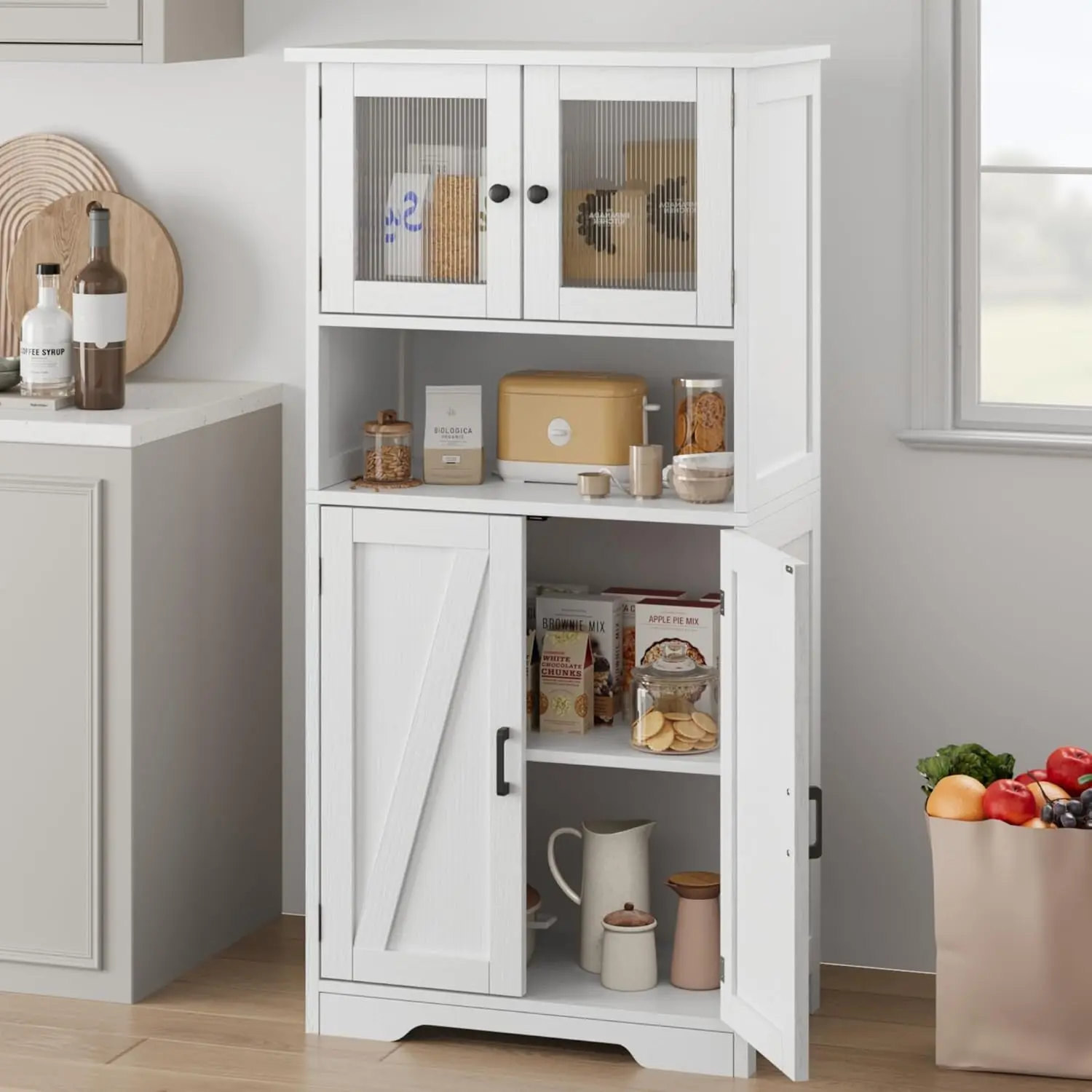 White 50.4" Freestanding Pantry Cabinet with Glass Doors, Adjustable Shelves, Large Storage Cupboard for Kitchen Bathroom Living Room