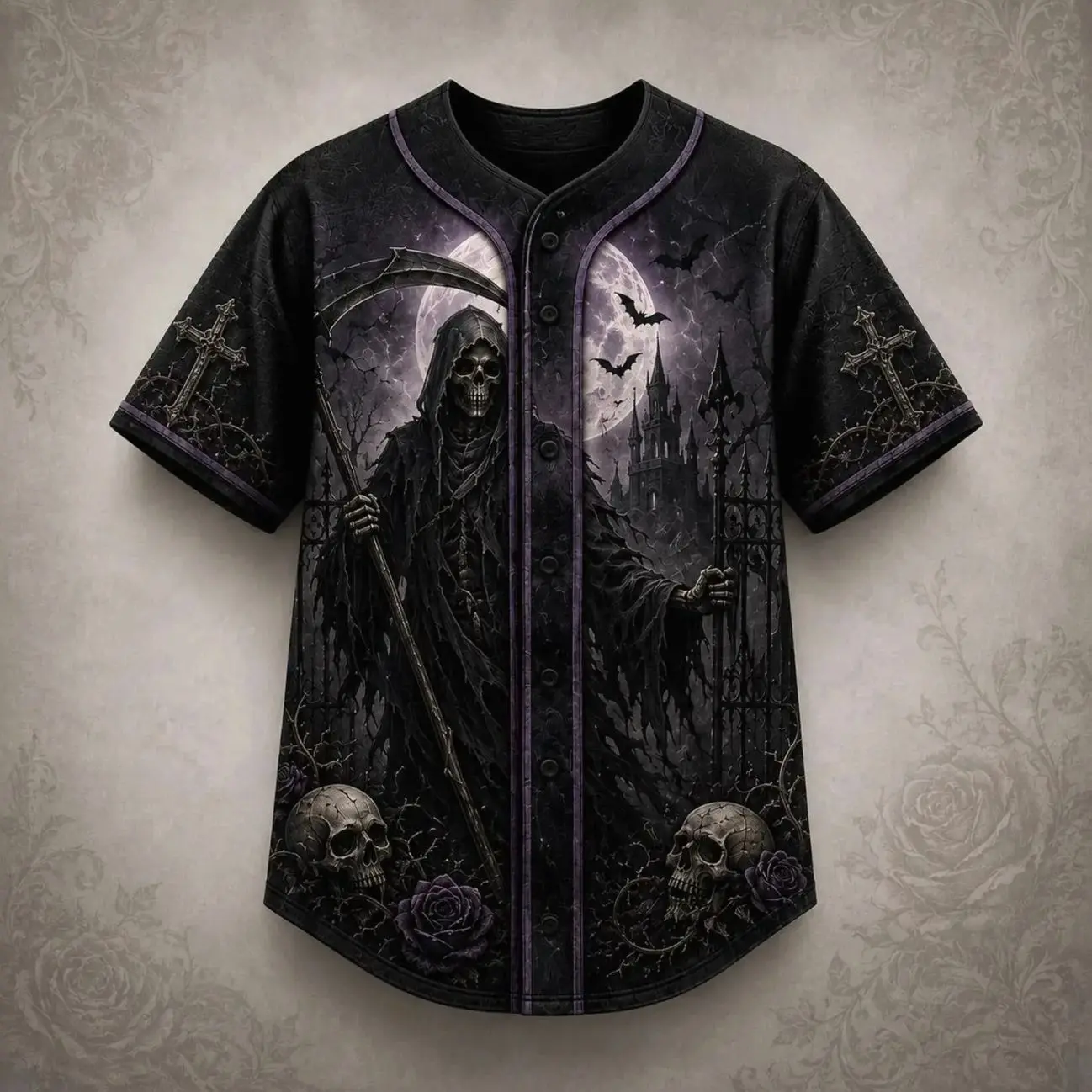 Male Short-Sleeve Baseball Jersey, Black Gothic Reaper Skull Castle Print, Breathable Fabric, Elastic Fit, Casual Wear for Halloween Party Streetwear, Gentle Wash Professional Sports Top KN3