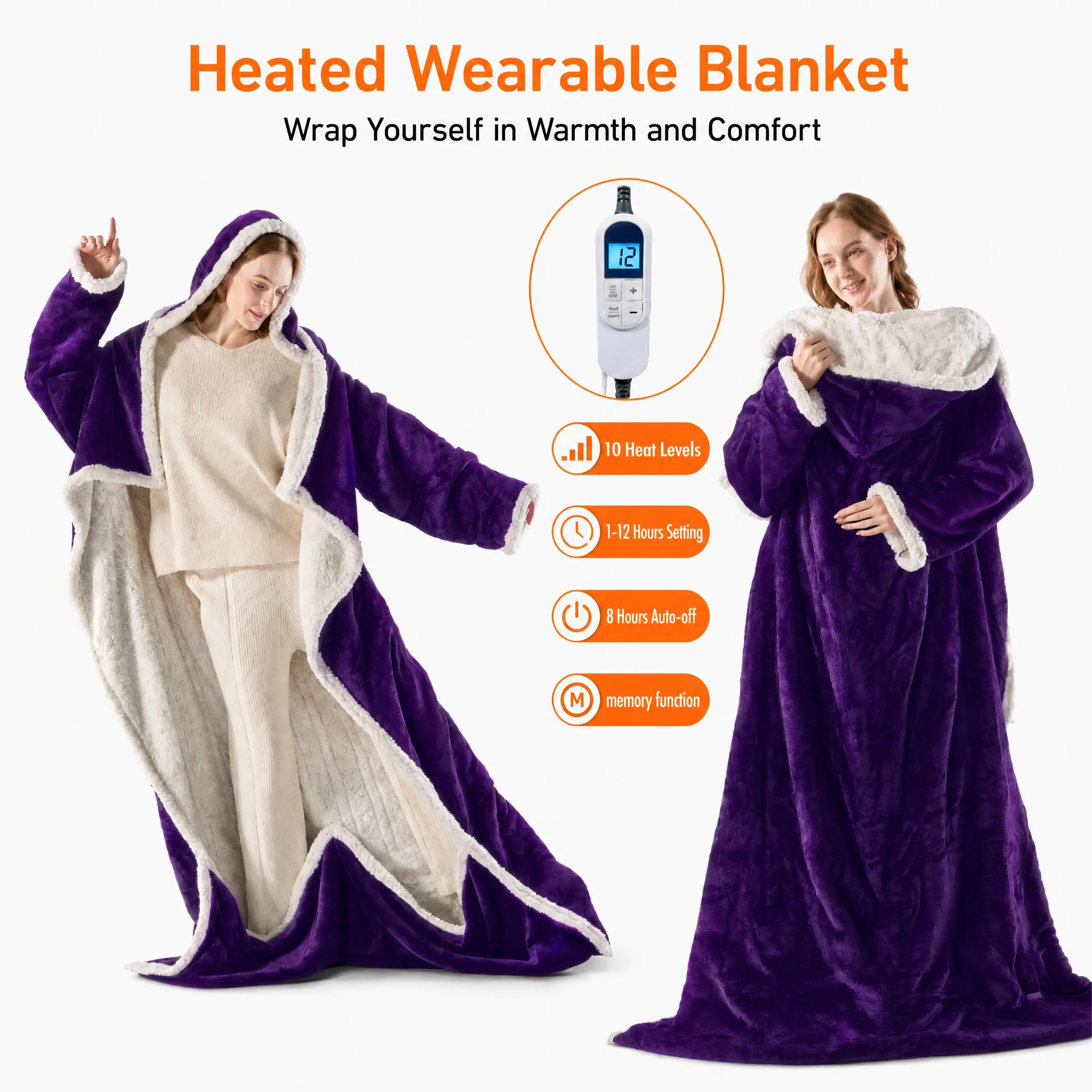 Cosybay Wearable Heated Blanket with 10 Heat Levels 12H Timer 8H Auto Shut-off Smart Memory Overheat Protection Machine Washable Hypoallergenic,Electric Wearable Throw Blanket with Sleeves, Hood, Portable Heated Blanket,Gift for Family, Friends, 50*70",fa