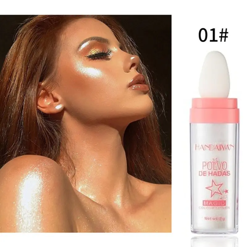 White Pearlescent Shimmer Highlighter Powder with Smooth Soft Makeup Sponge Head - Brightening, Glowing Makeup, Easy Application, Long-Lasting Pink Glow, Face & Body Contouring, Highlighter Powder Stick, Single Item for Adults’ Student Parties