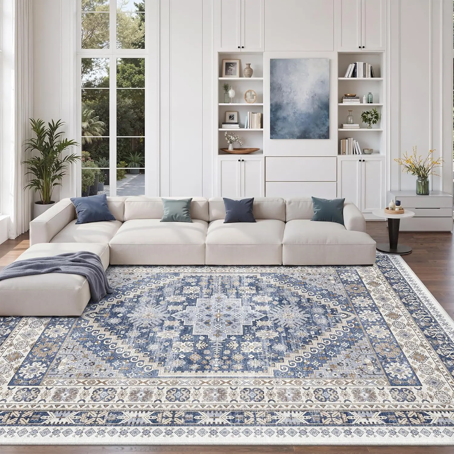 ComiComi Boho Vintage Washable Area Rugs for Living Room,Non-Slip Backing High Traffic Rugs,Vintage Large Area Rug,Stain Resistant Home Decor Rug (Blue/Beige,8'x10'),back to school,dorm essentials,home essentials