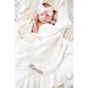 Embroidered Knit Blanket With Ruffle | Ivory