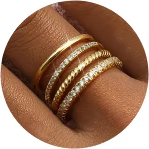 MILACOLATO Stackable Rings for Women 14K Plated Gold Stackable Thin Ring Minimalist Non Tarnish Cubic Zirconia Band Rings Dainty Trendy Statement Stacking Ring Set Size 5-10