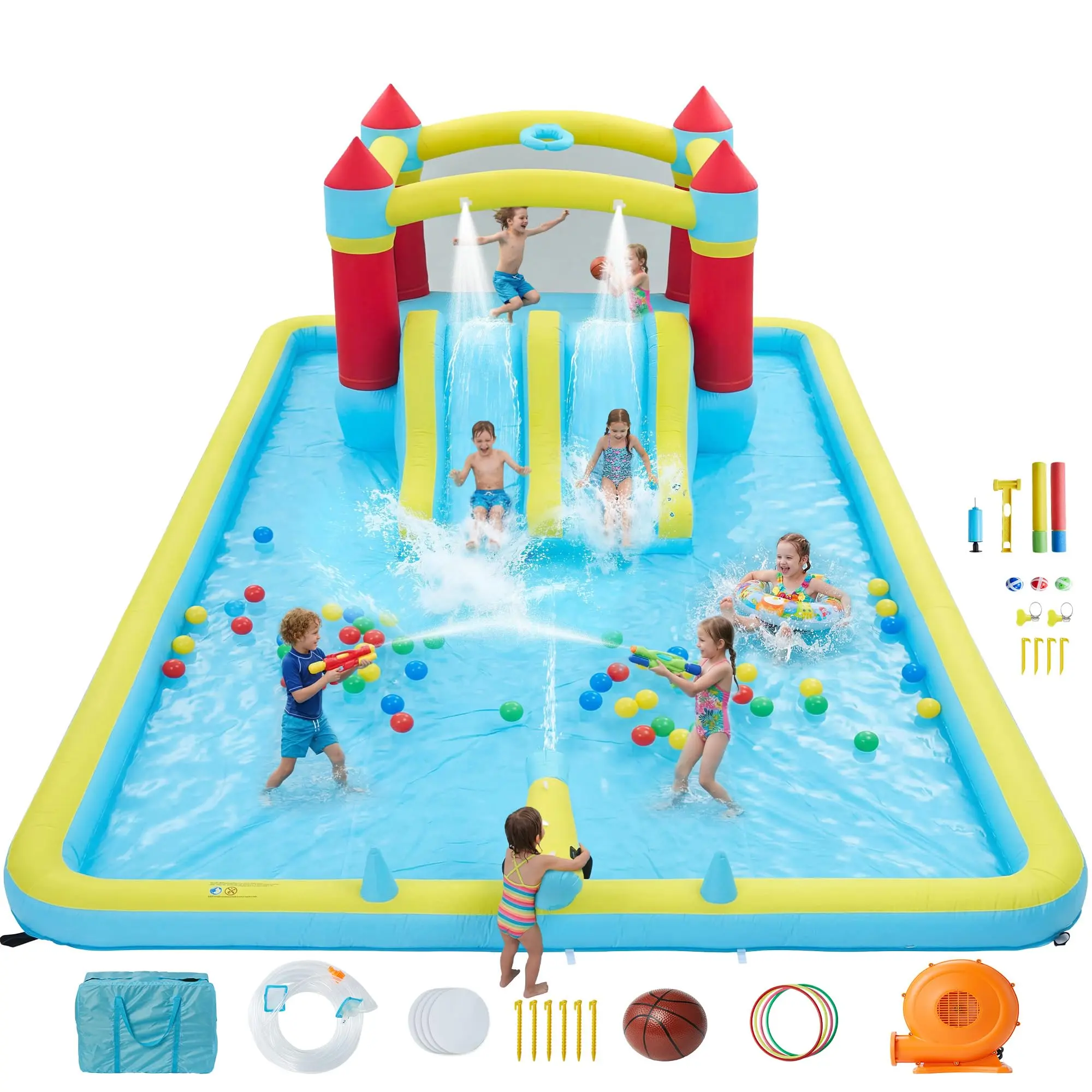 Inflatable Bounce House 14x11 FT with Slide & Splash Pool, 7-in-1 Kids Jump Castle with 350W Blower for Backyard