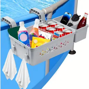 Poolside Storage Basket with Cup Holder, Thickened Plastic Organizer, 1 Pack, for Above Ground & Frame Pools, Durable Pool Accessory