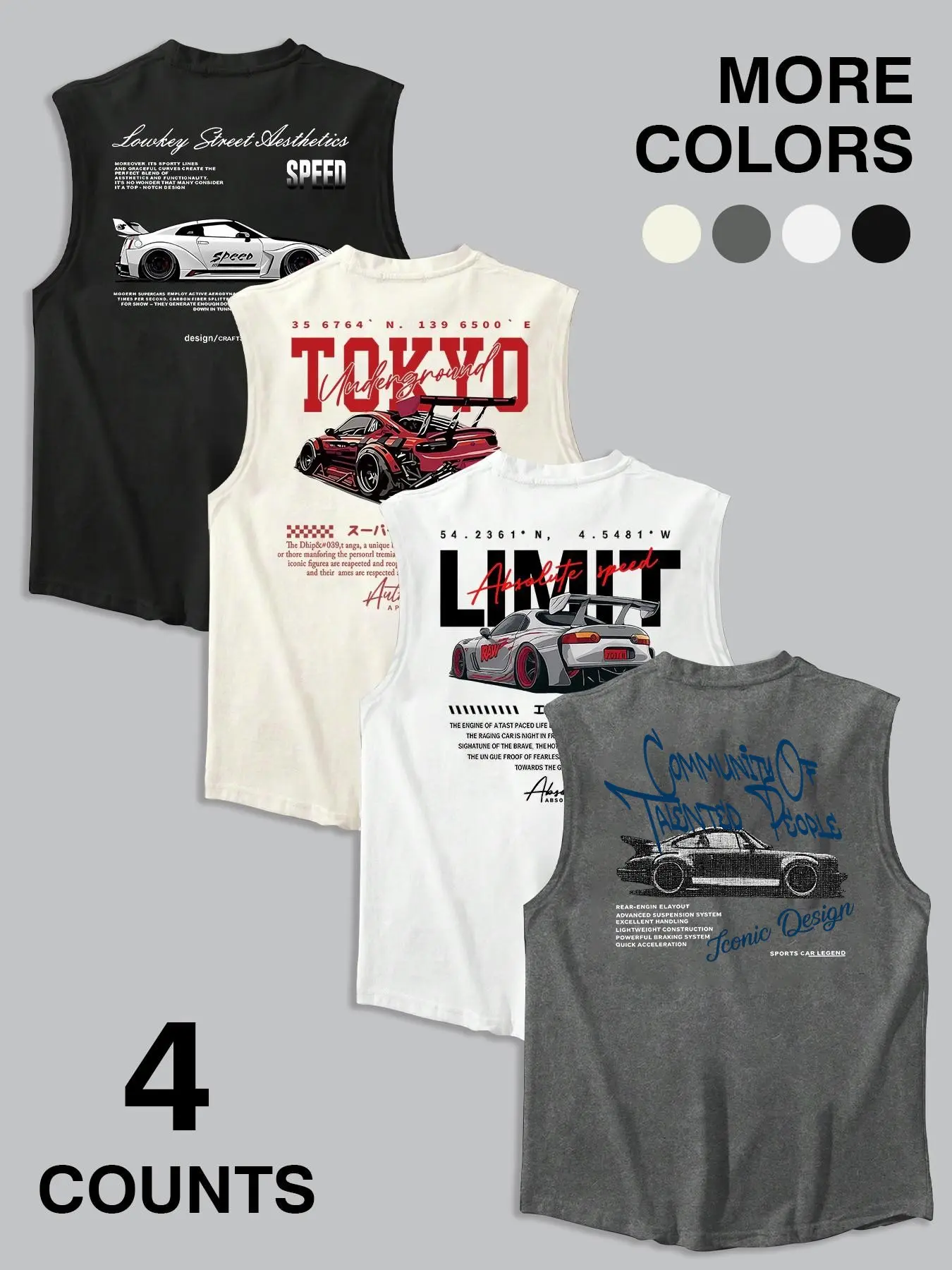 4-Pack JDM Car & Tokyo Street Aesthetic Menswear Streetwear Graphic Prints Casual Sleeveless Tank Tops Muscle Tanks | Racing Muscle Fit Shirts Set