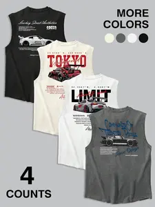 4-Pack JDM Car & Tokyo Street Aesthetic Streetwear Graphic Prints Casual Sleeveless Tank Tops | Racing Muscle Shirts Set