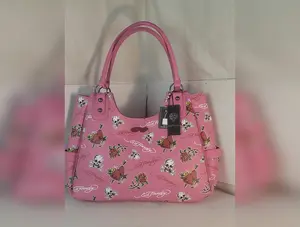 Ed Hardy Pink Skull Roses Shoulder Bag Tote – Y2K Tattoo Print, Double Handle Purse, NWT