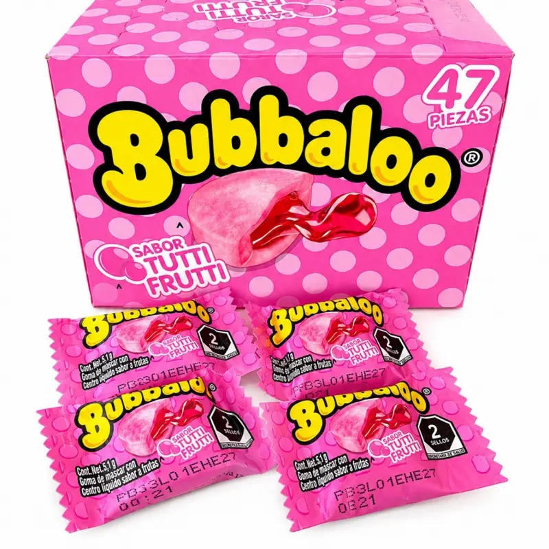 Bubbaloo Traditional Tutti Frutti Flavored Chewing & Bubble Gum, Liquid-Filled Center, 47-Piece Box, Mexican Candies Snack Food Pack