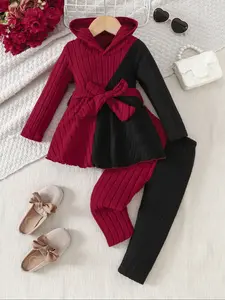 Girls' Hooded Set, Vintage Colorblock Elegance, Bow Waist Design, Knitted Fabric, Winter Set, Perfect for Outdoor Wear or Holiday