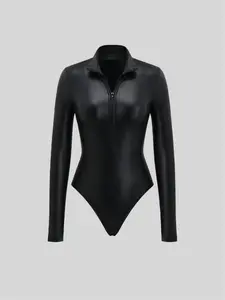 Popular Autumn/Winter Warm PU Leather Long-Sleeved Half-Zip Women's Bodysuit