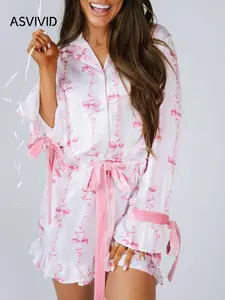 Women's All Over Print Shirt & Ruffle Trim Shorts Loungewear Two-piece Set, Casual Comfy Lapel Neck Top & Shorts Pj Set, Ladies Sleepwear for All Seasons, Sweetheart Pajama Set, Matching Pj Set, Pajamas Sets Women, Nightwear Sleepwear