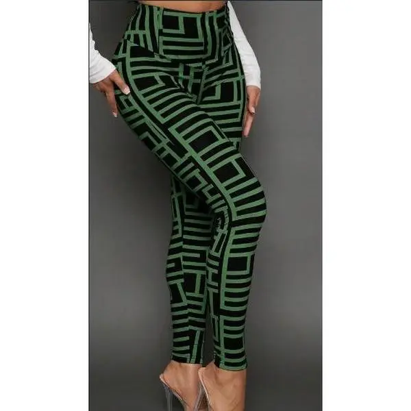 Women's Casual Geometric Print Knitted Leggings, Polyester Fabric Women's Bottom Clothes