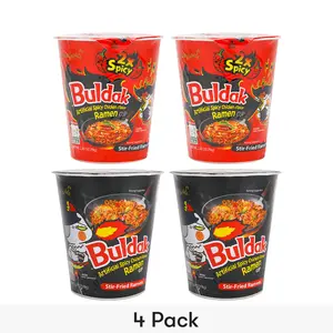 SAMYANG Korean Buldak Noodles Chicken Flavor Cup Ramen, 2 Hot Spicy*2 & Spicy Flavor*2,9.88oz【Value Pack】