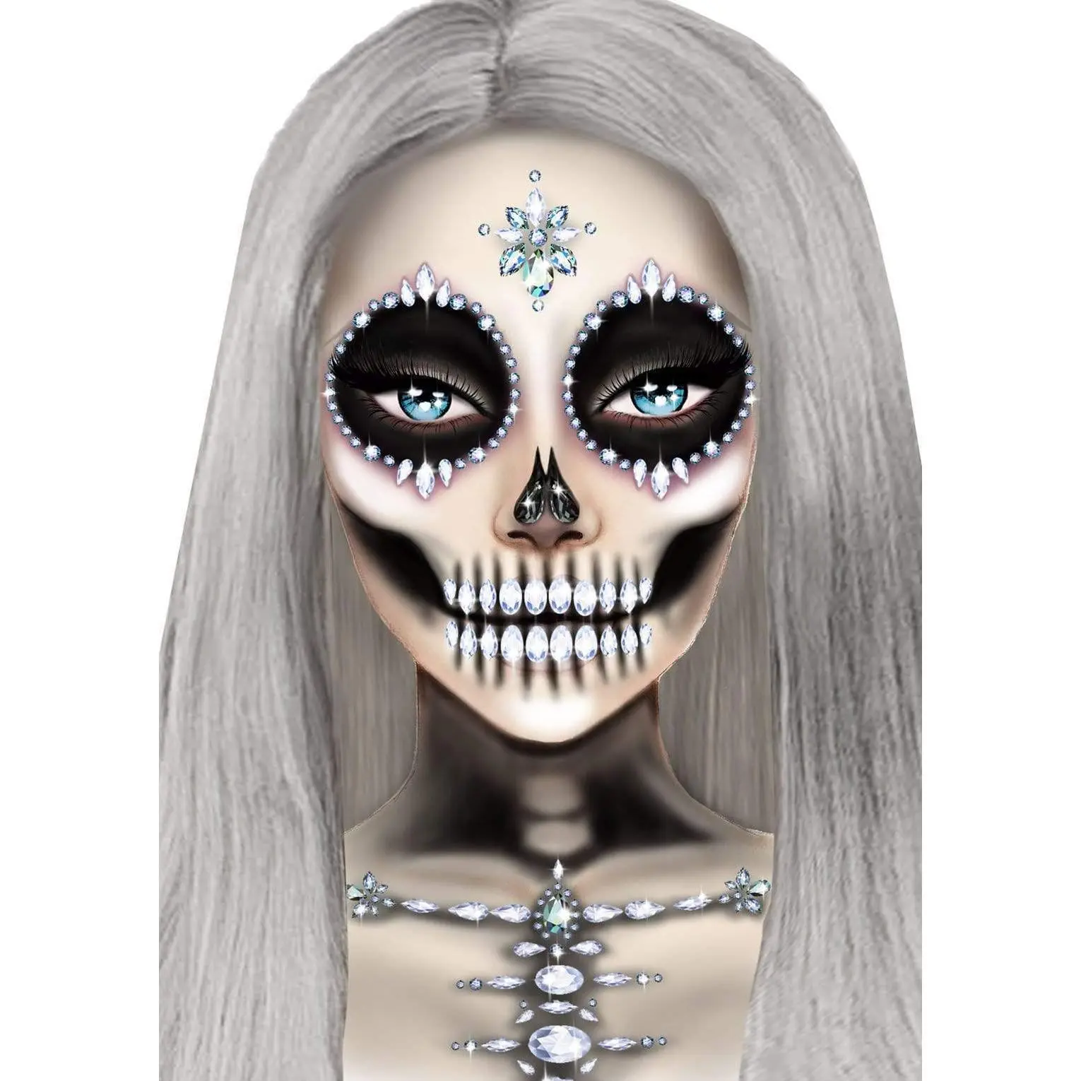 Skeleton Rhinestone Face Jewels, Stick-On Adhesive Body Gems with High Sparkle for Halloween Costumes, Raves & Music Festivals, Halloween Aesthetic, Stick-On Pack, Adhesive Body Jewels, Metal Gems, Fantasy