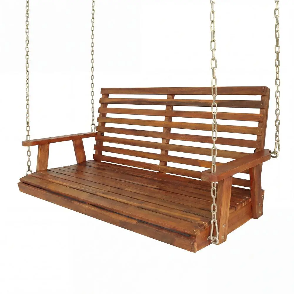 Natura 51" Rustic Traditional Acacia Wood Front Porch Swing - 2-Seat, Slate-Back, 705-Lbs Support, Assembly Required Outdoor Furniture, Natural