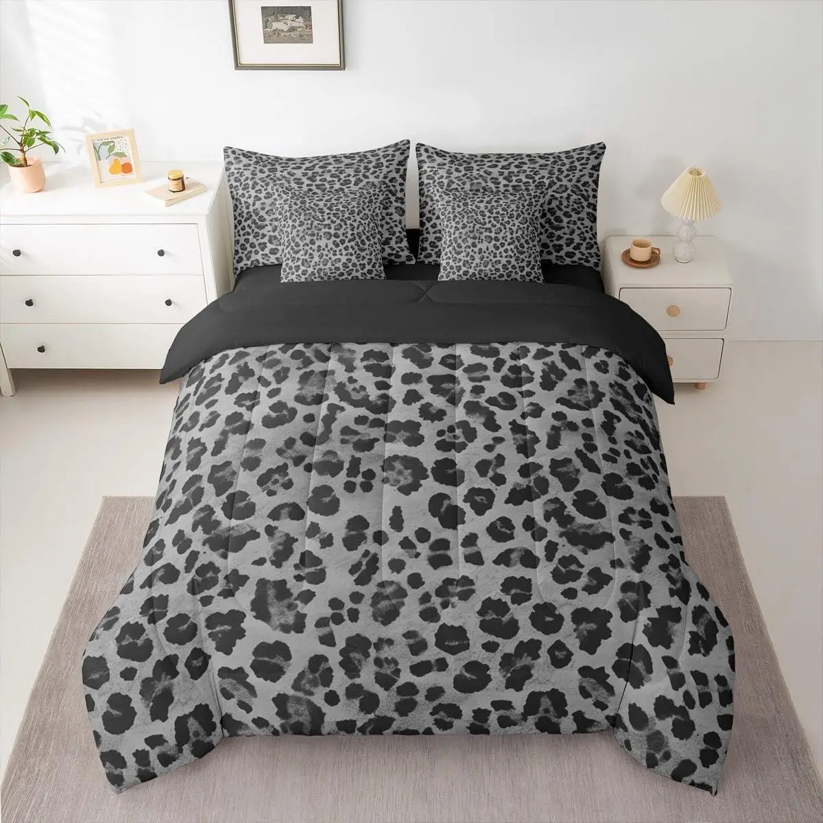 Gray Leopard Comforter Set 7 Pieces Cheetah Bedding Set Animal Print Bed in a Bag with Comforter,Sheets,Pillowcases,Cushion Covers Leopard Fur Print Bedroom Decor Safari