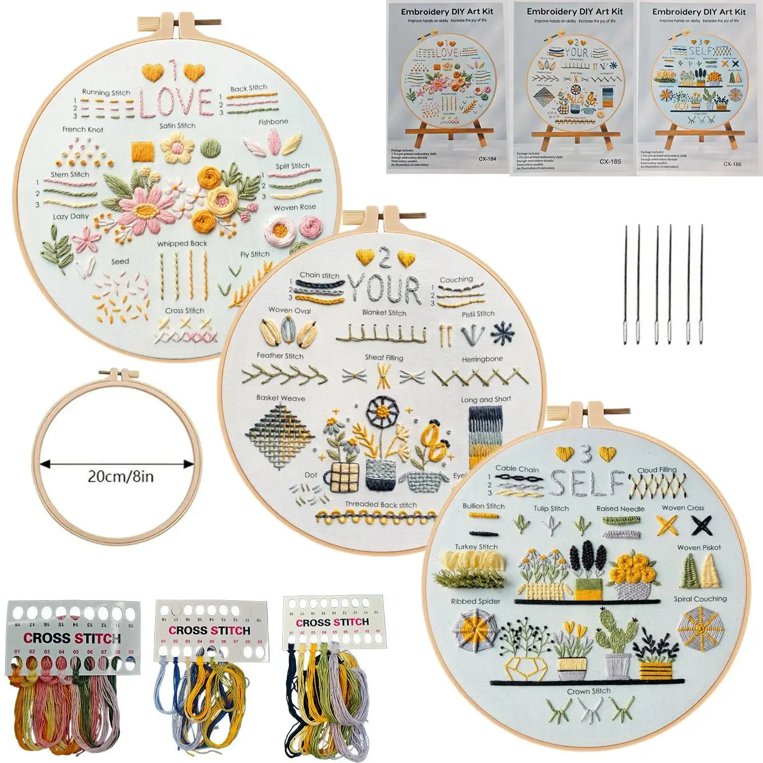 Beginner Embroidery Craft 3-Piece DIY Kits - 20cm Hoops, Threads, English Stitch Guide for Basic Needlework Skill Practice