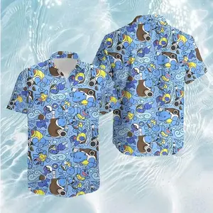 Blue Water Turtle Hawaiian Shirt, Cute Aquatic Monster Button Up, Summer Beach Cartoon All Over Print Shirt