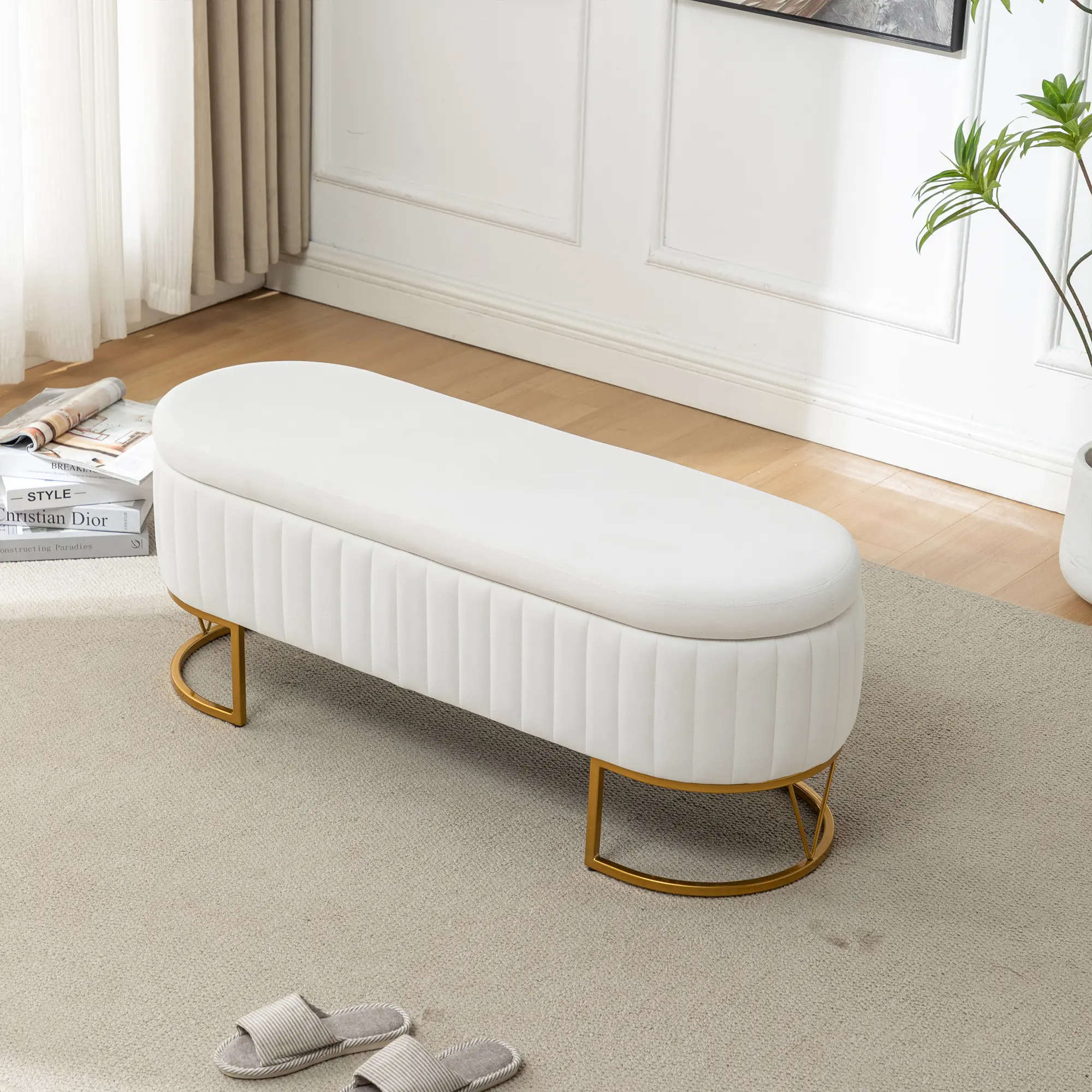 Storage Bench Ottoman Velvet Upholstered End of Bed Bench with Gold Metal Legs, Modern Entryway Bench Seat for Living Room, Coffee Corner, Ivory Chenille