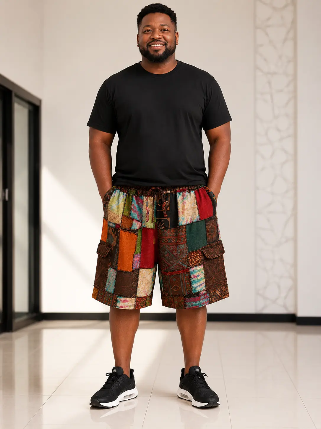 Men's Plus Size Patchwork Cargo Shorts | Boho Hippie Festival Shorts | Vintage Cotton Beachwear