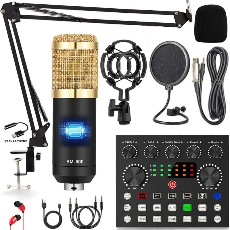 Safring Podcast Equipment Bundle Kit - BM800 High-Sensitivity Wired USB Rechargeable Condenser Microphone with V8s Voice Changer, Live Sound Card, USB Audio Interface, Desk Clamp (4 Sound Modes, 2 People, PC/Laptop, Mobile, iOS, Windows, Twitch)
