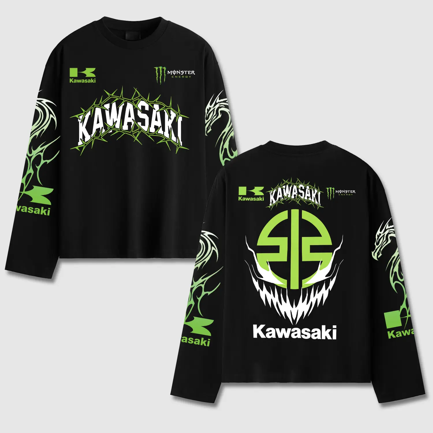 Monster Energy x Kawasaki Racing Men's Long Sleeve T-shirt, Motocross World Championship Enthusiast, Apparel Streetwear Racing Team, Motocross Motobike Riders Supermotor MotoGear Clothing, Off-Road Fan Cotton For Dirt Bike Fan