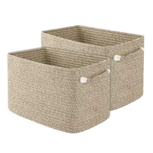 2-Pack Woven Cotton Storage Baskets – Cube Organizer Bins for Shelves, Bathroom, Nursery, Laundry & Toys (Brown, 14.8" x 9.8" x 8.8") – Great Gift Idea for Christmas & Holidays