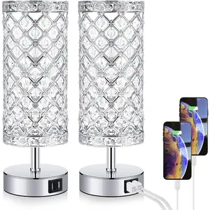 Touch Control Crystal Table Lamp Set of 2 Bedside Nightstand Lamps with 2 USB Charging Ports, 3-Way Dimmable, K9 Crystal Decorative Desk Lamp for Bedroom, Girls Guest Room, Living Room, Bulbs Included