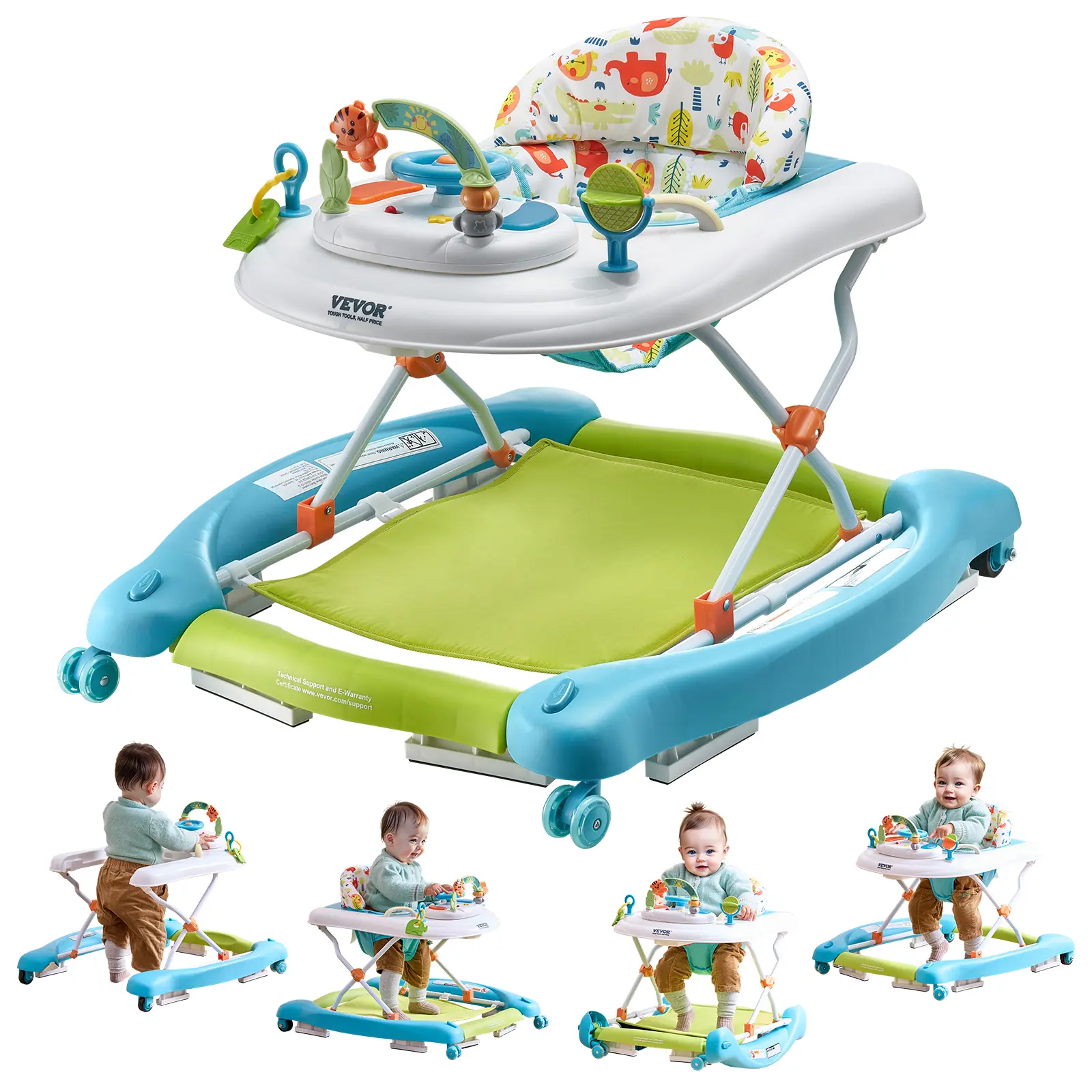 VEVOR 4-in-1 Baby Walker,  Foldable Baby Activity Center on Wheels, 3 Adjustable Height, Music & Toys Tray, Learning-Seated | Walk-Behind | Rocker | Bouncer Toddler Walker for Girls Boys 6-24 Months