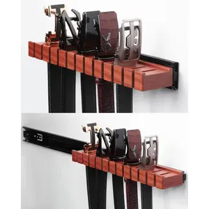 Premium Walnut Wood Belt Organizer with Sliding System, 12-Belt Heavy-Duty Wall-Mounted Belt Hanger for Closet, Space Saving Storage, Elegant Father's Day Gift
