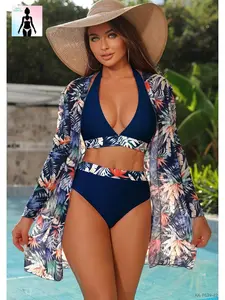 Plus size curvy women’s swimsuit set with tummy control, high waist, halter V-neck; sheer cardigan cover-up; tropical leaf print; slimming, full coverage; 3-piece set for ladies—beach vacation, summer pool party