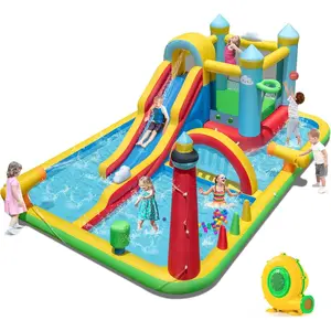 Costzon - Inflatable Water Slide With Air Blower, Inflatable Mighty Bounce House Jumper, Mega Water Park Bouncy Castle Combo for Kids Boys Girls Outdoor Backyard  Summer Gifts