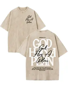 Men's 230gsm Heavyweight Vintage Washed Round Neck Short-Sleeve Cotton T-Shirt - Double-Sided "God Has a Plan" Graphic, Unisex Wide-Shoulder Oversized Christian Streetwear, High-Quality Menswear Casual T-Shirts