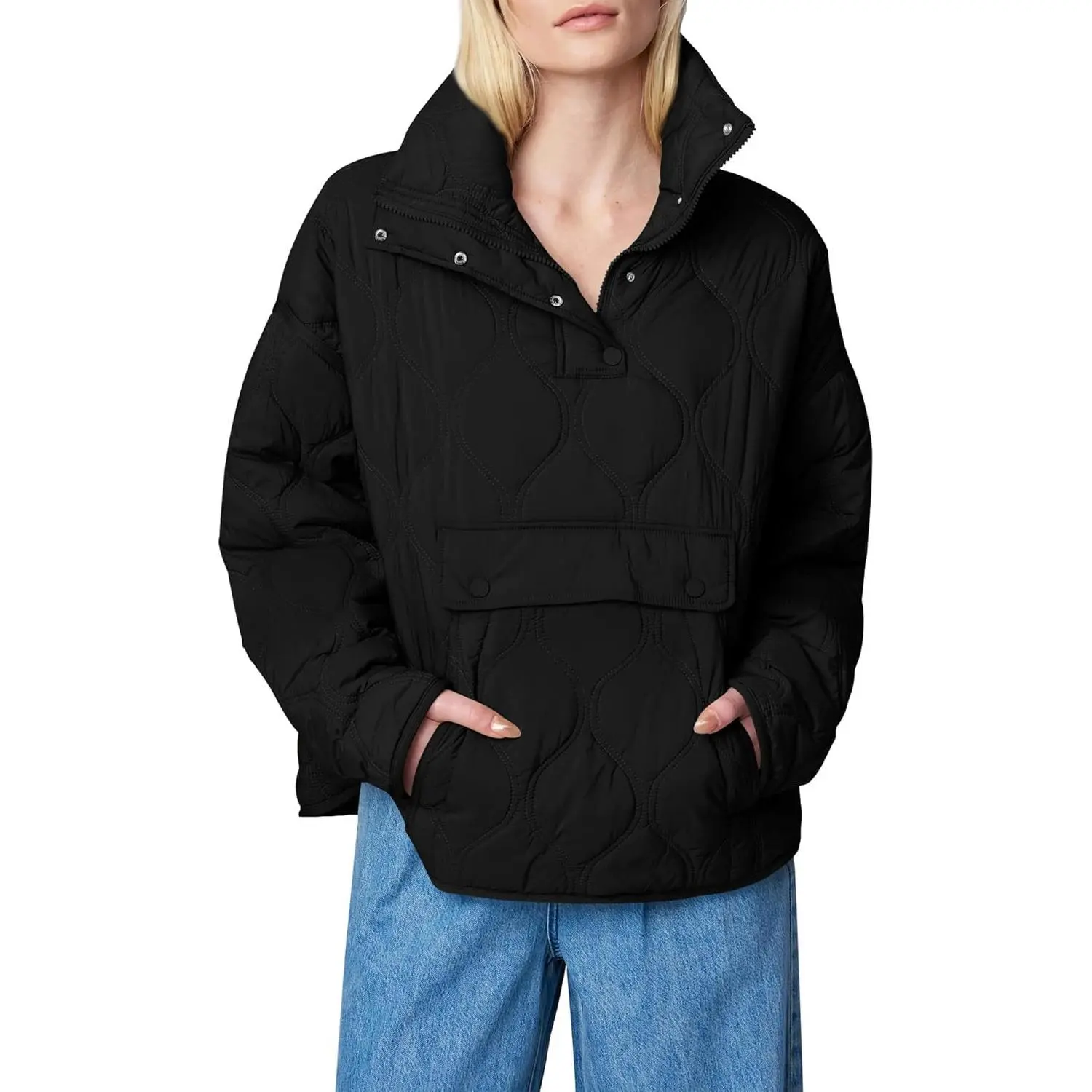 Yousify Women's Minimalist Fitted Long-Sleeve Half-Zip Quilted Lightweight Striped Puffer Jacket - Basic Casual Coats Outerwear Pullover with Pocket, Button, S-2XL for Fashion Outfits, Half-Zip Pull-On, Outdoors