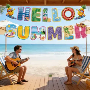 1 Set "HELLO SUMMER” Tropical Banner – 13Pcs Surfing Pineapple & Flamingo Cutouts for Pool Party, Beach Birthday, Luau, Backyard BBQ, Summer Camp Decor, Reusable Cardstock Bunting