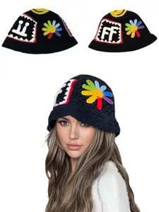 Boho Style Handmade Knit Hat with Floral Smiley Face Pattern, Trendy Beanie for Fall & Winter, Fitted Woven Fabric Cap, Custom Made Hat, Embroidered Hat, Embroidered Beanies